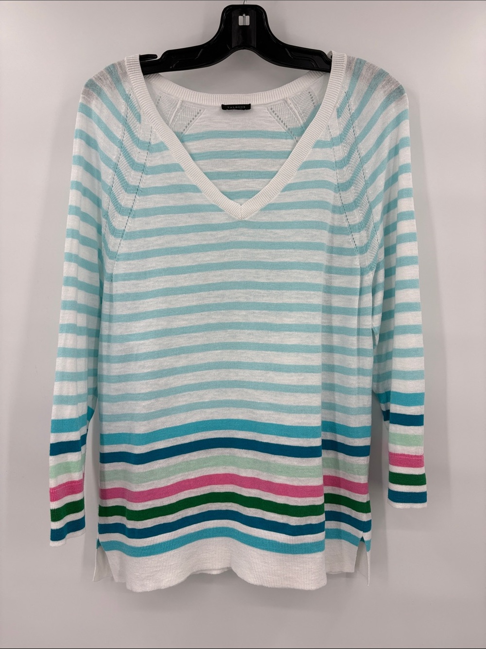 Talbots Light Blue & White Striped V-Neck Sweater with Colorful Hem Stripes